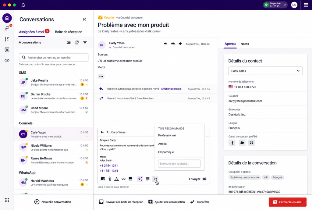 Tableau de bord des conversations de support client